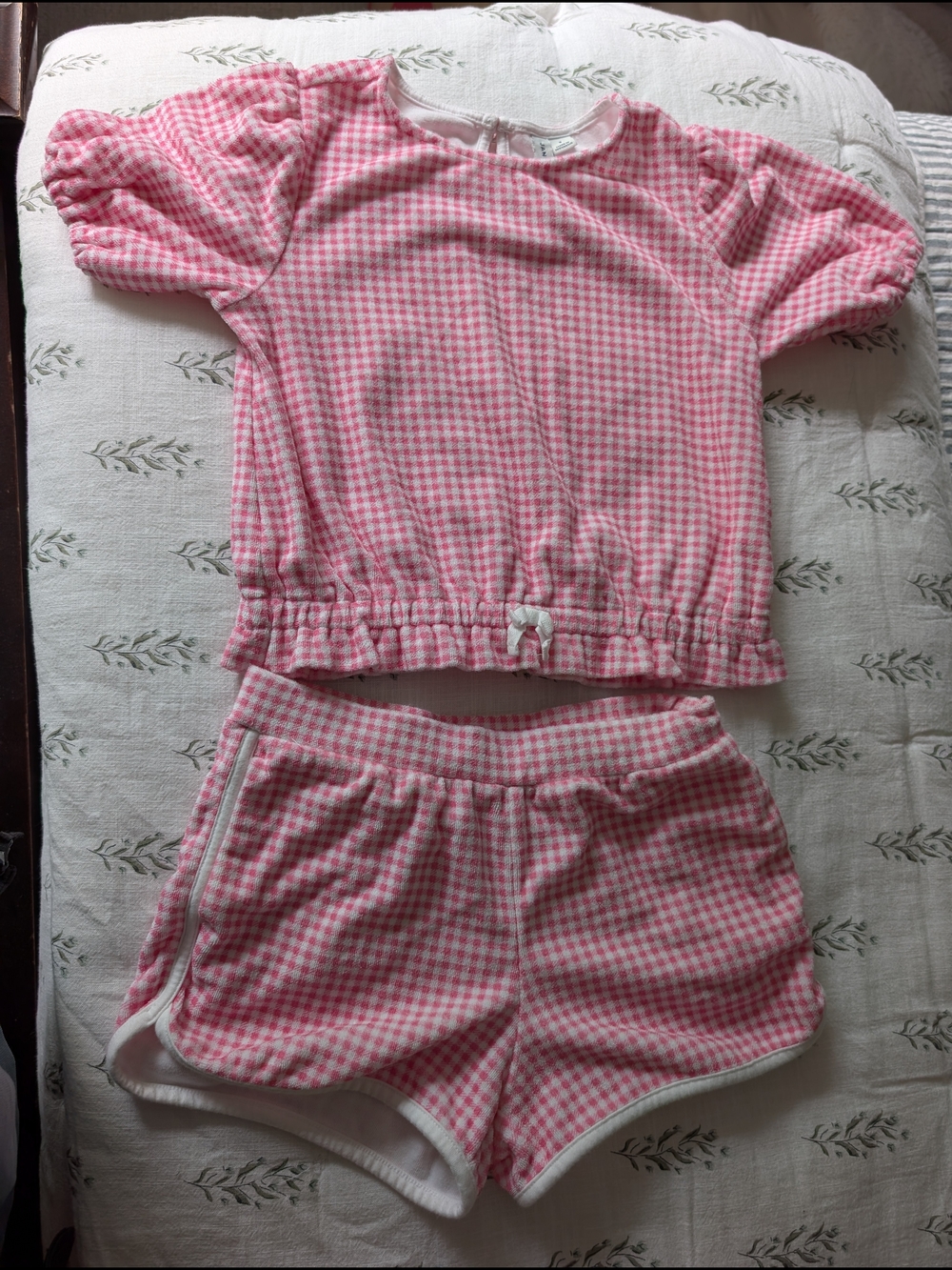 Janie and Jack Pink Gingham Puff-Sleeve Terry Matching Set